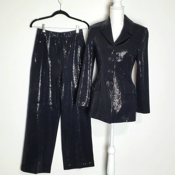 St. John Jackets & Blazers - St John Couture Pant Suit Knit Shimmer Black Paillettes Jacket Sz 6 Pants Sz 4